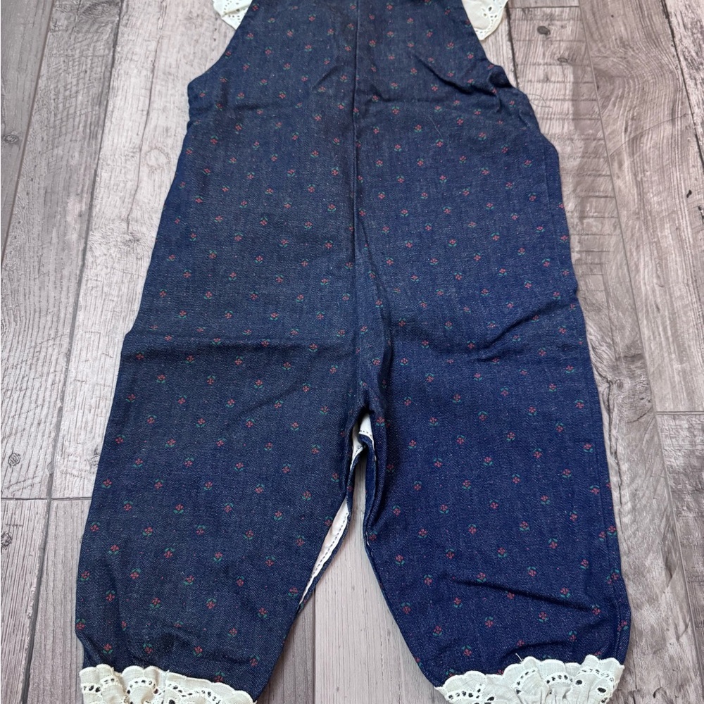 Vintage Healthtex Denim Navy Floral Lace-Trim Jumpsuit Red Accents Retro 90โs - Picture 5 of 8